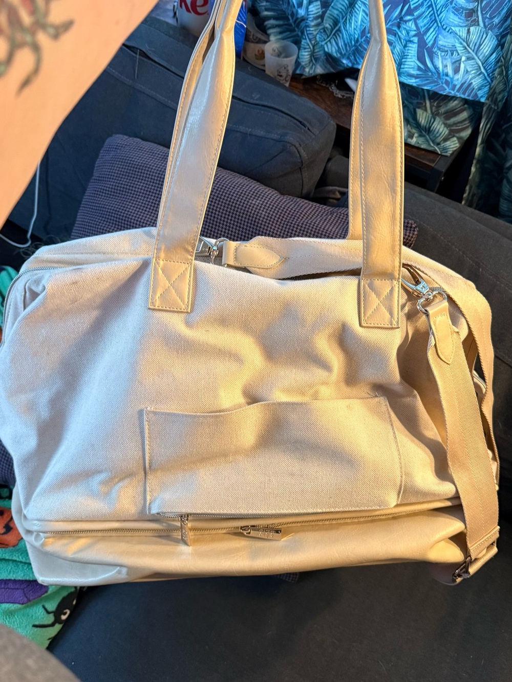 BEIS Cream Canvas Weekender Bag